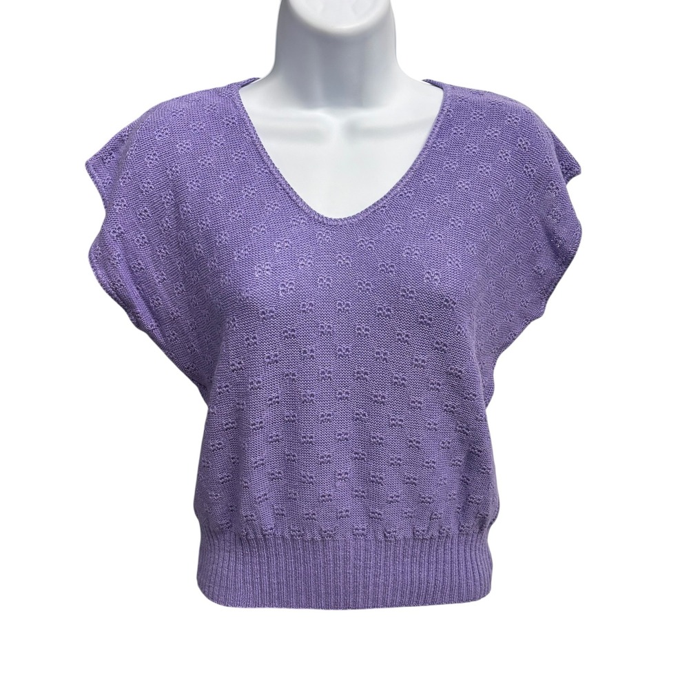 Womens‎ Lavender V Neck Short Sleeve Knit Sweater Top Textured Pattern Medium